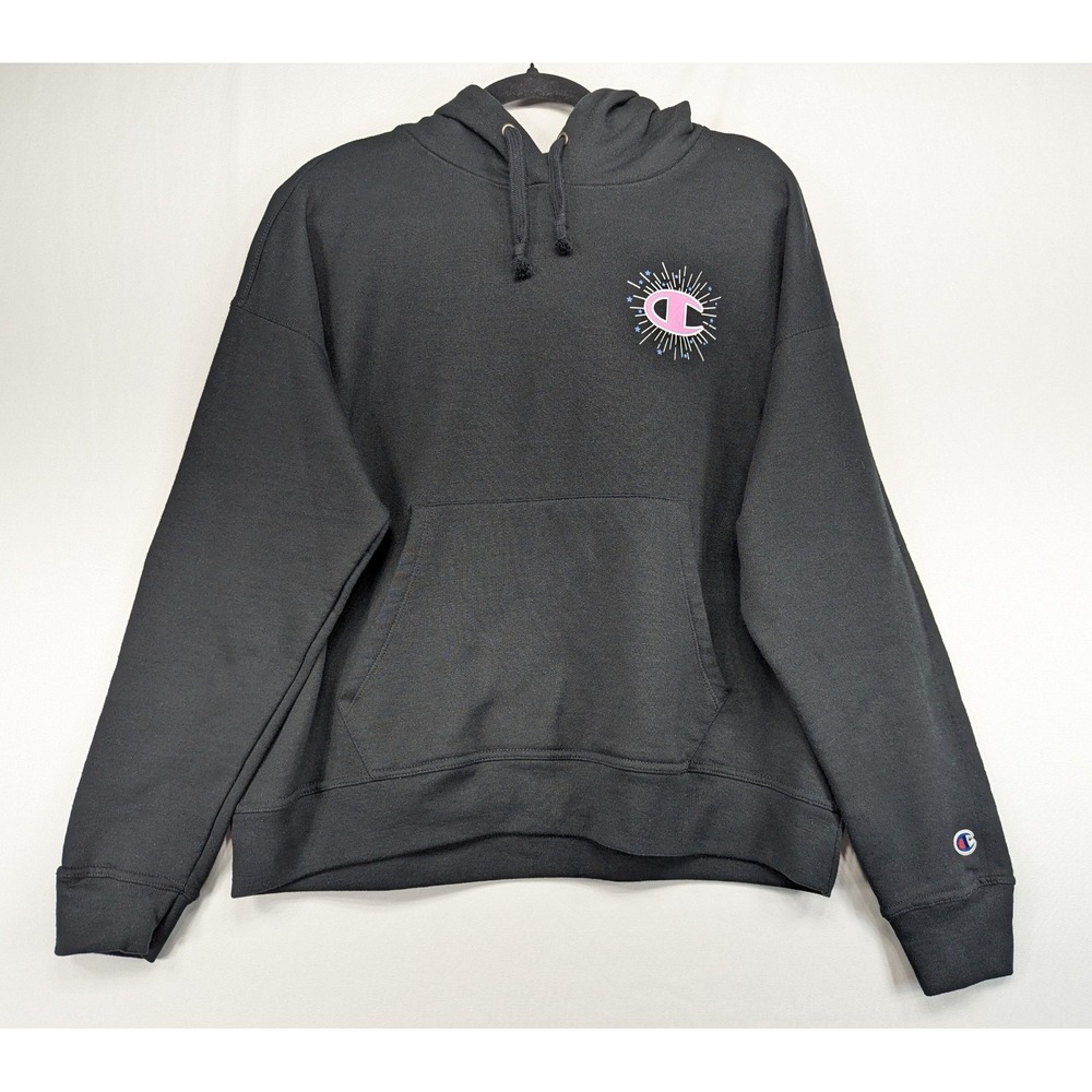 Champion Black Pullover Hoodie Pink Sunburst Logo Graphic Mens Large W5923G